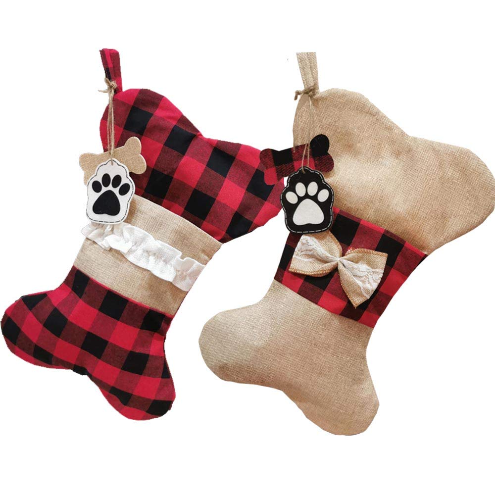YELAIVP 2-Pack Pet Dog Christmas Stockings - Burlap Plaid Holiday Hanging Bone Socks for Fireplace & Tree Decorations | Perfect for Christmas Pet Gifts & Festive Home Decor