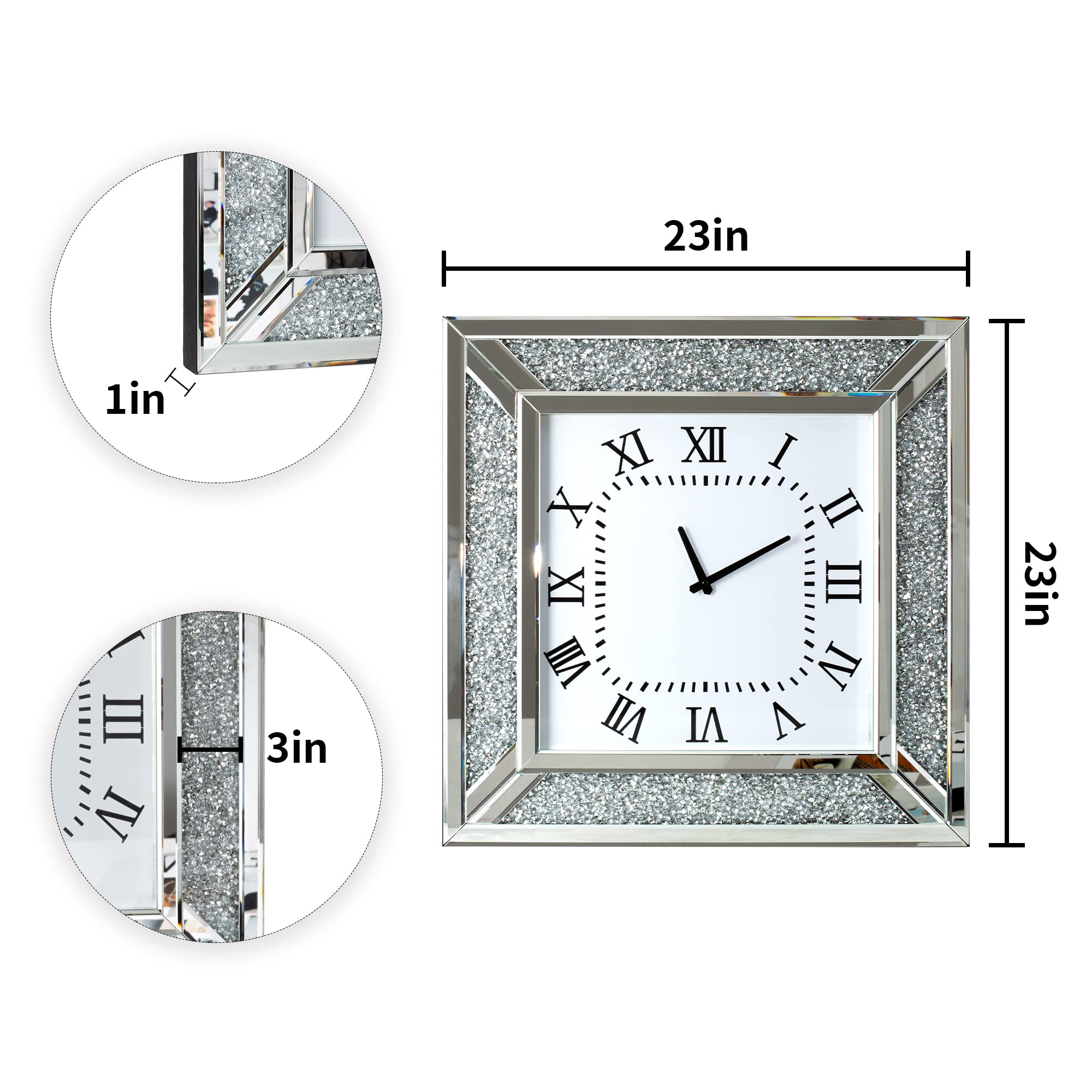 SHYFOY 24 Inch Large Decorative Wall Clock - Modern Mirrored Glass Surface with Crushed Diamond Frame for Living Room, Bedroom & Office Decor | Perfect for Home, Office & Gift Giving