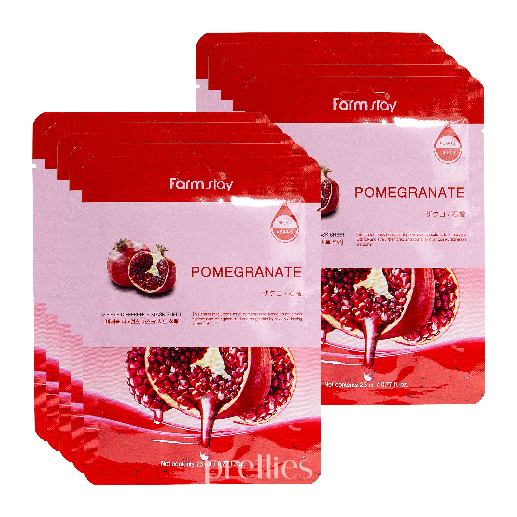 Farmstay Visible Difference Pomegranate Mask Pack - 10 Sheet Hydrating Facial Mask Set with Antioxidants for Glowing Skin - Perfect for Daily Skincare Routine & Spa Night Self-Care