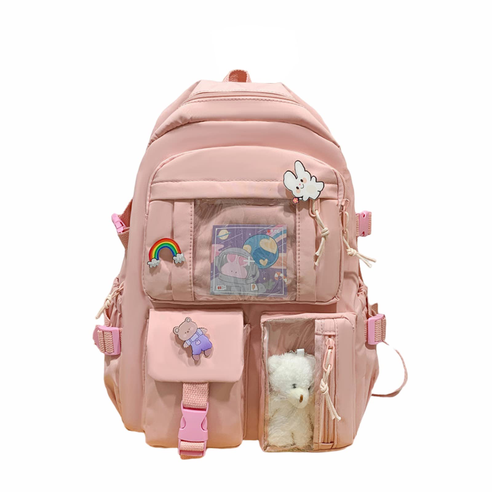 Cute Kawaii Backpack with Pins & Plush Pendant - Large Capacity School & Travel Bag (Pink) for Girls & Teens