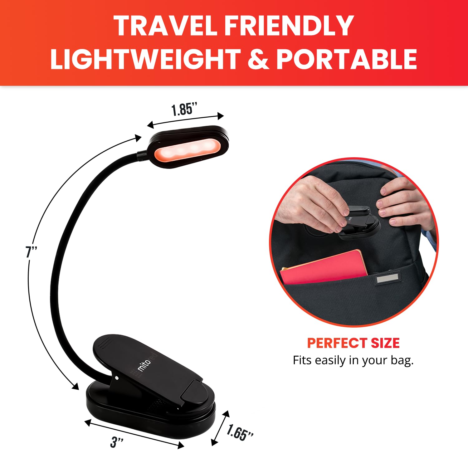 Mito Red Light Therapy Book Light - Rechargeable Clip-On Reading Light with 360° Adjustable Gooseneck - Perfect for Night Reading in Bed, Travel & Study - Portable LED Book Lamp for Kids & Adults