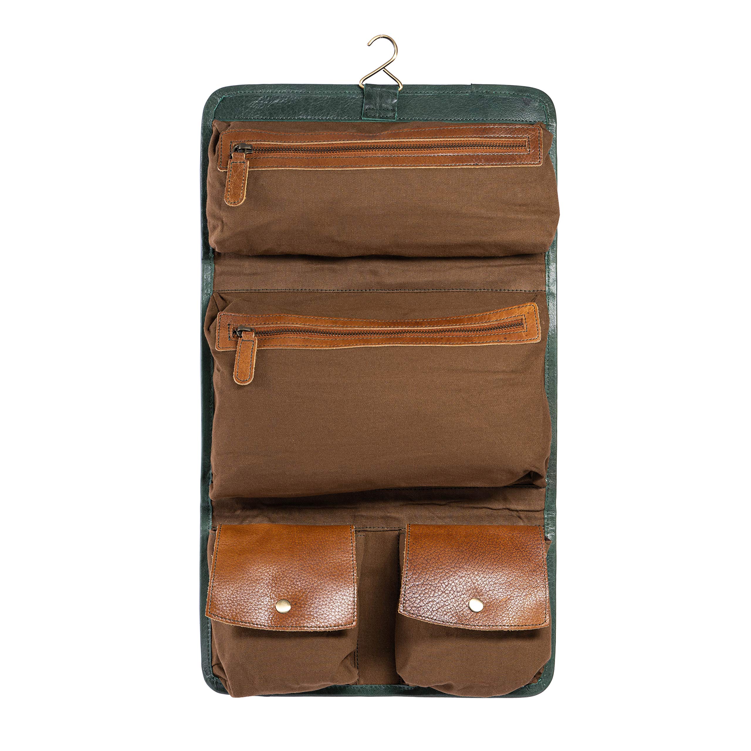 Premium Leather Hanging Toiletry Bag for Men - Green Travel Dopp Kit - Ideal for Gym, Camping & Business Trips