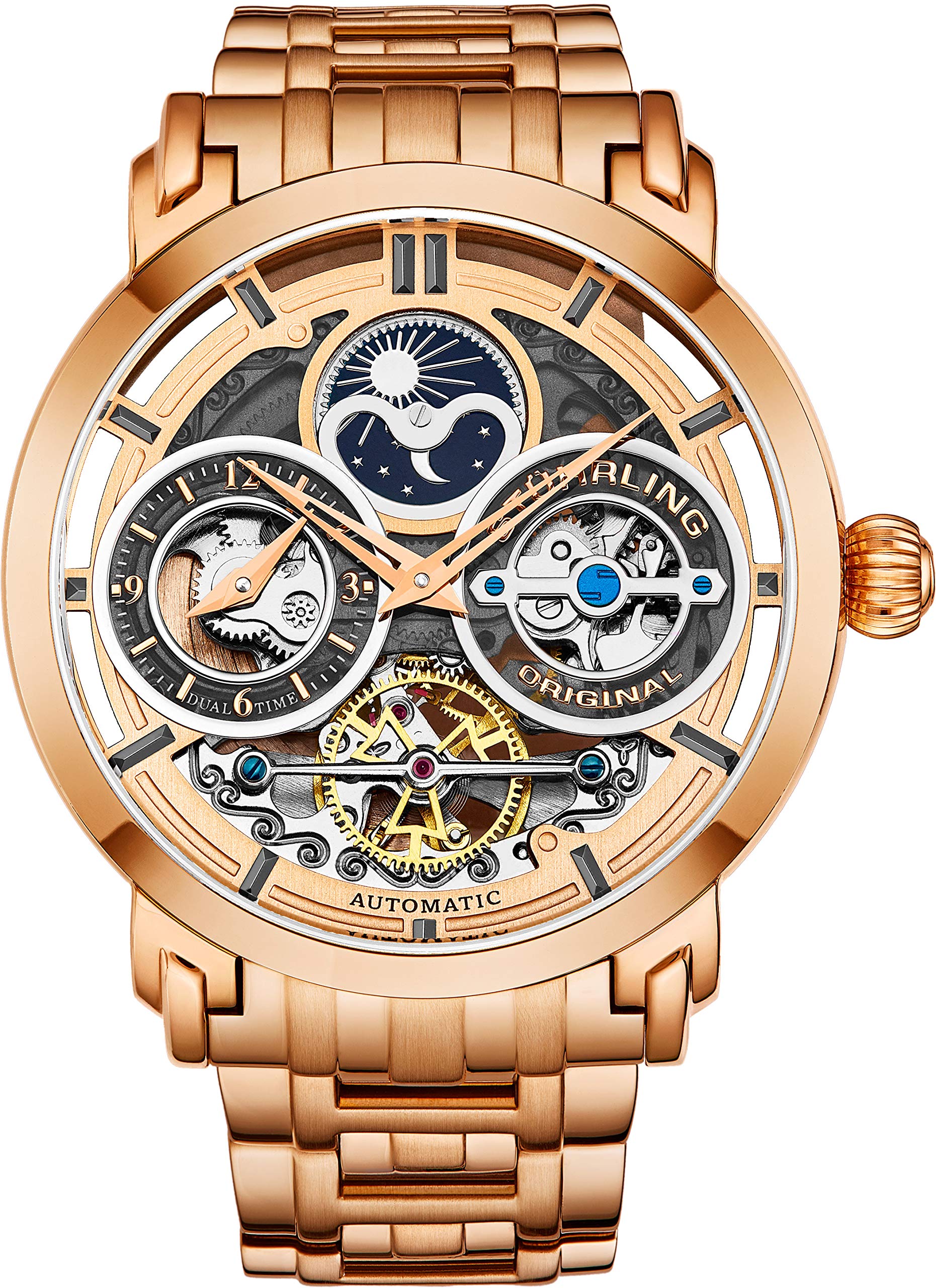 Stührling Original Men's Automatic Watch - Stainless Steel, Silver Skeleton Dial, Dual Time, AM/PM Sun Moon Display, with Steel Bracelet - 371B Series | Perfect for Business, Formal Occasions & Watch Collectors