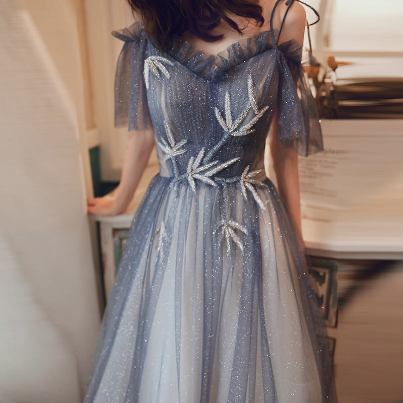 Elegant Off Shoulder Gray Blue Gradient Tulle Prom Dress - A-Line Shiny Long Evening Party Gown for Homecoming, Quinceañera & Formal Events - Style 589