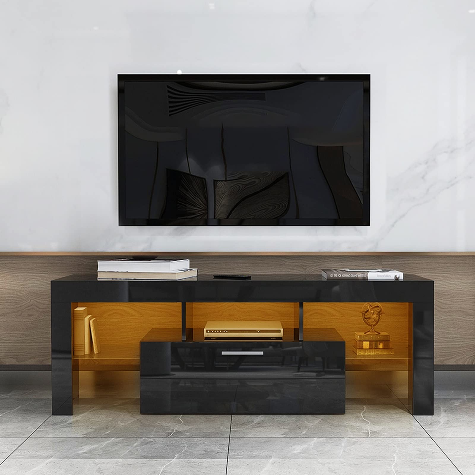 Modern TV Stand with 16-Color LED Lighting, High Gloss Entertainment Center Console for 45-55 Inch TVs - Black | Perfect for Living Room & Bedroom | Supports Gaming, Movie Nights & Home Decor