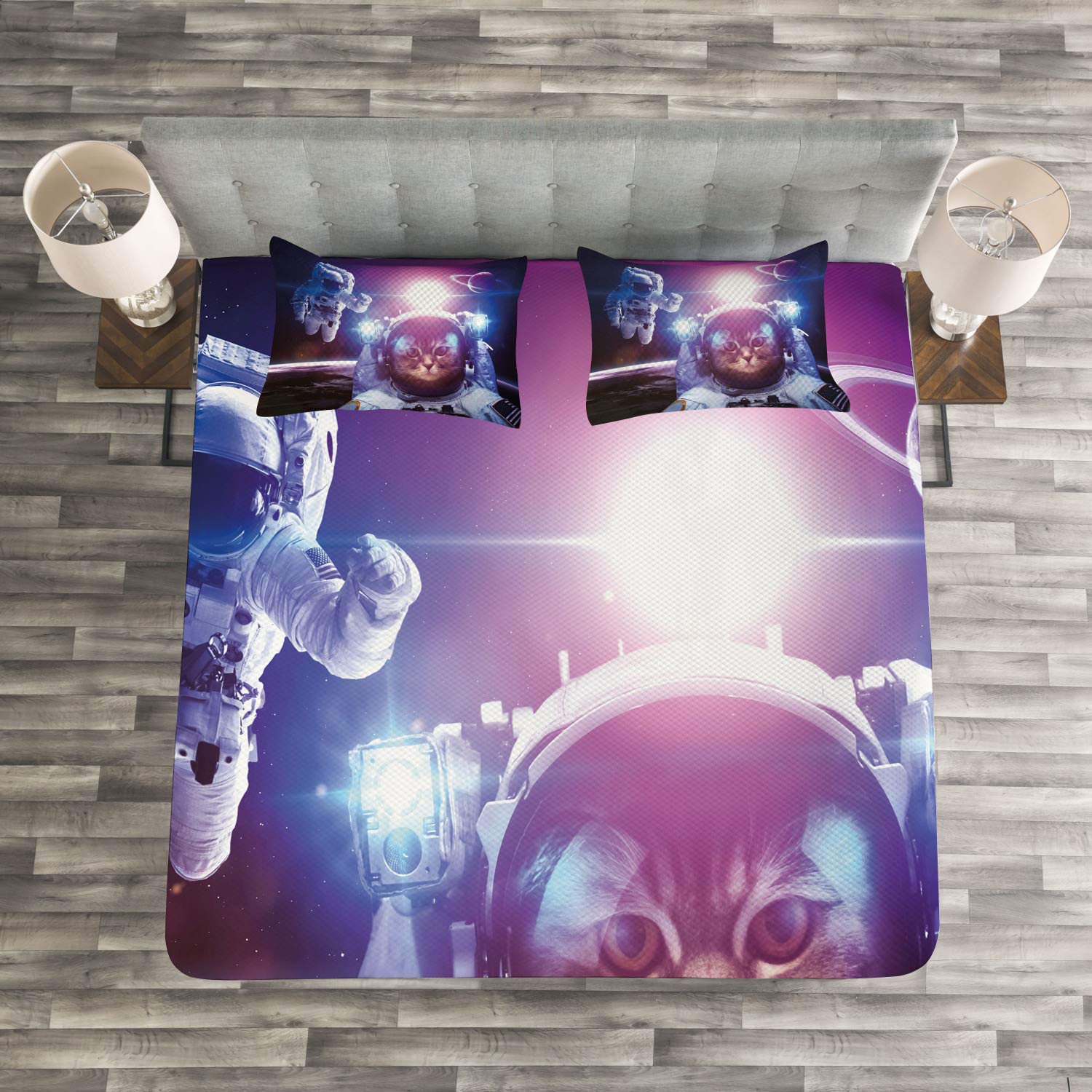 Ambesonne Space Cat Bedspread Set - Astronaut Galaxy Nebula with Saturn Eclipse Print, 3-Piece King Size Bedding Set with 2 Pillow Shams, Dark Blue Purple - Perfect for Sci-Fi Themed Bedrooms & Space Lovers