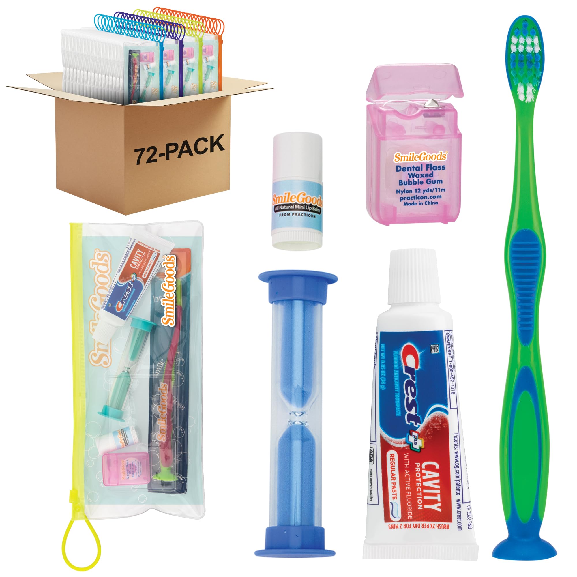 SmileGoods 72-Pack Deluxe Kids Dental Care Kit - Includes Toothbrush, Toothpaste, Floss, Sand Timer & Lip Balm | Perfect for Schools, Birthday Party Favors & Travel Oral Hygiene Essentials