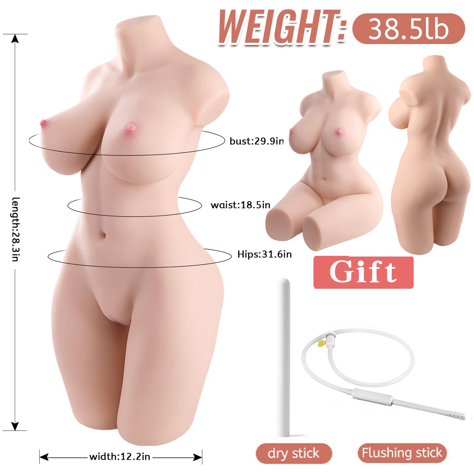 Realistic 39LB Life Size Sex Doll Torso - Soft Skin Texture, Big Breasts & Butt with Masturbation Holes - Adult Sex Toy for Men | Perfect for Discreet Solo Pleasure & Stress Relief at Home