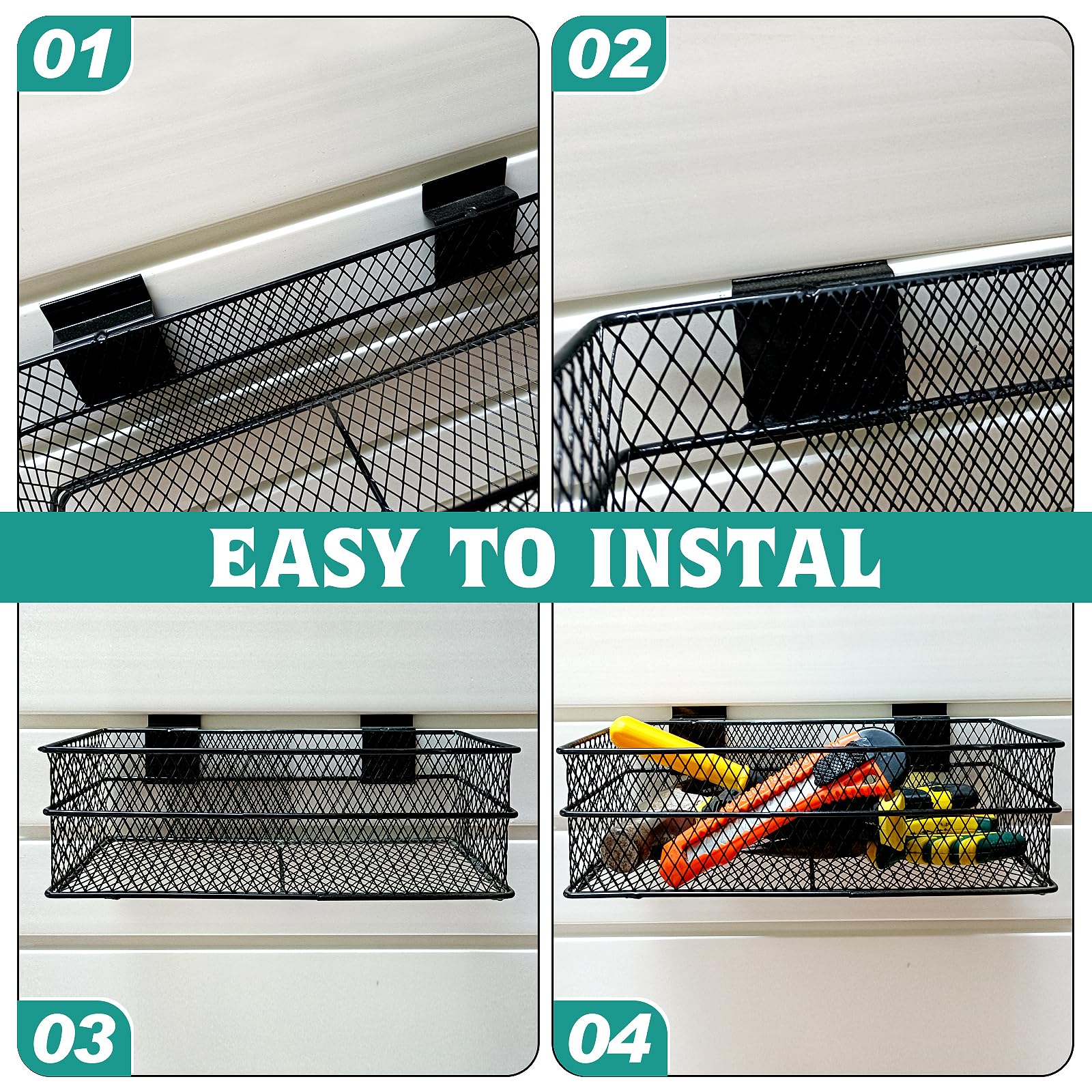 4 Pack Metal Slatwall Baskets - Hanging Wire Storage Bins for Retail Shelving (4 Sizes) - Perfect for Shop Displays, Home Organization & Garage Storage