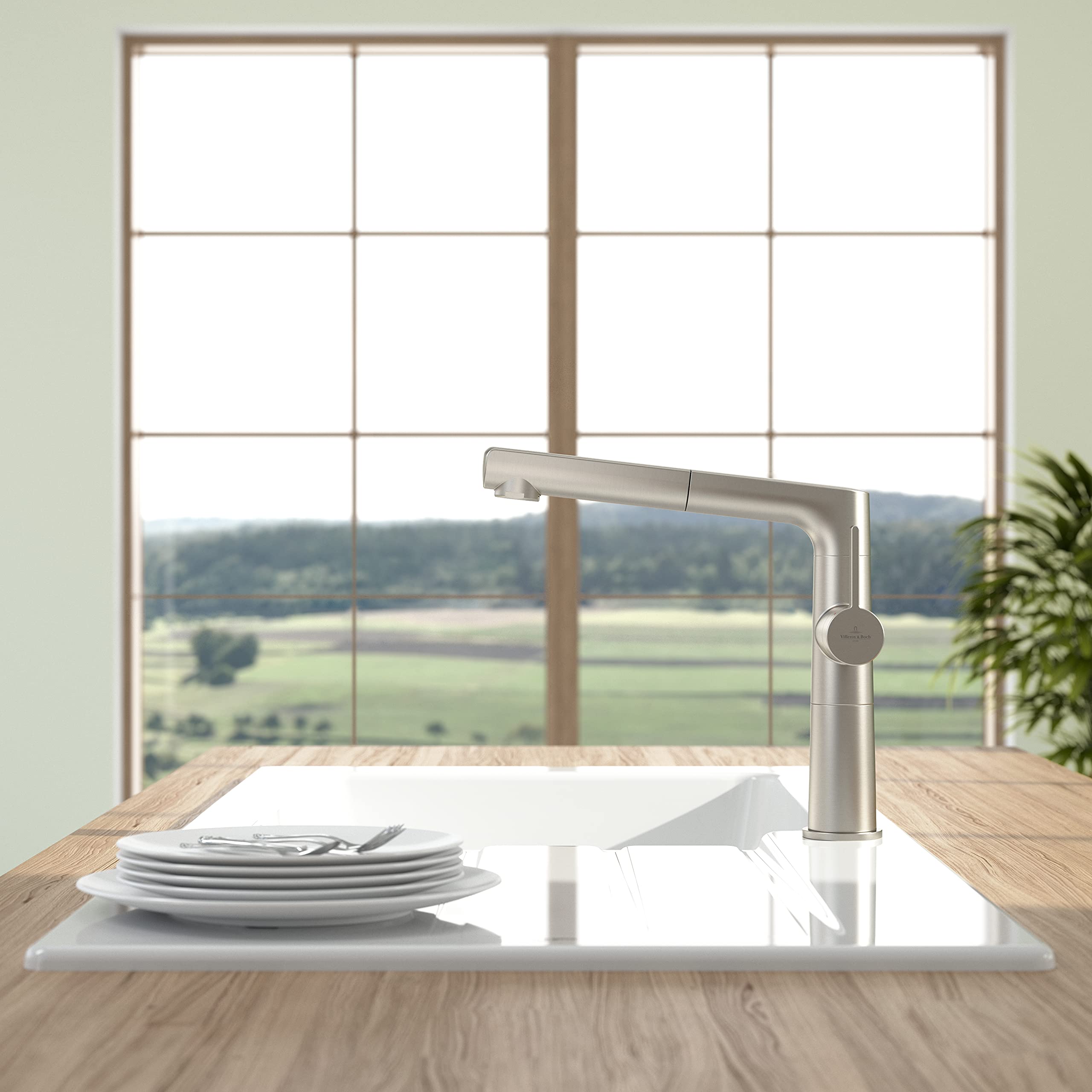 Villeroy & Boch VB-9269 00 LC Sorano Sky Shower Kitchen Faucet in Brushed Stainless Steel - Modern Pull-Down Sprayer for Sink, Ideal for Cooking and Dishwashing