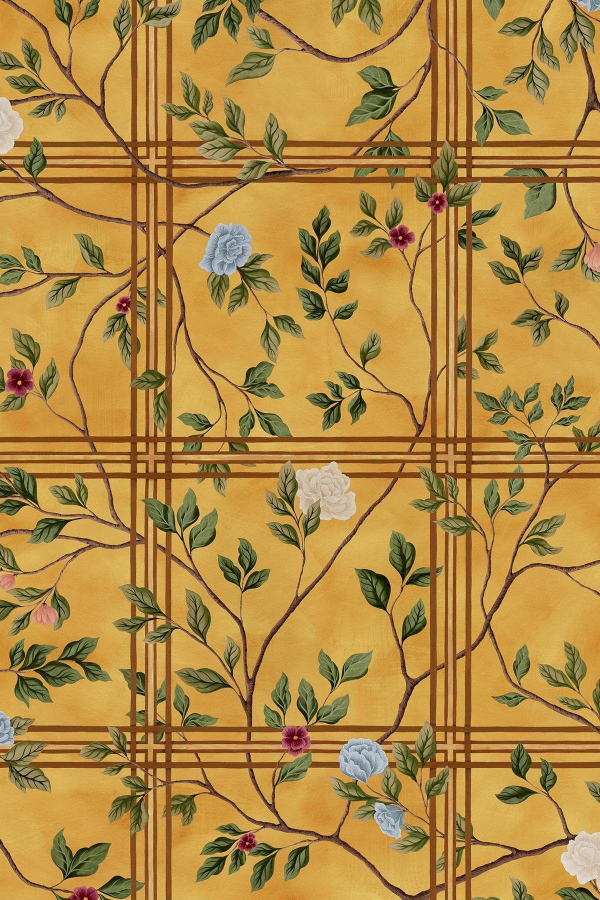 Chinoiserie Check Honey Yellow Home Decor - Vintage Style Checkered Pattern for Living Room, Bedroom & Office
