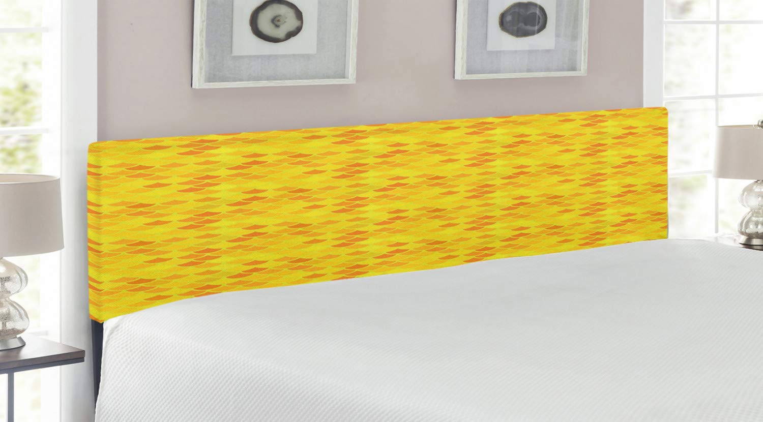 Ambesonne King Size Upholstered Metal Headboard with Memory Foam - Japanese Inspired Fish Scale Design in Pale Yellow Mustard for Bedroom Decor | Traditional Mermaid Scale Pattern for Master & Guest Rooms