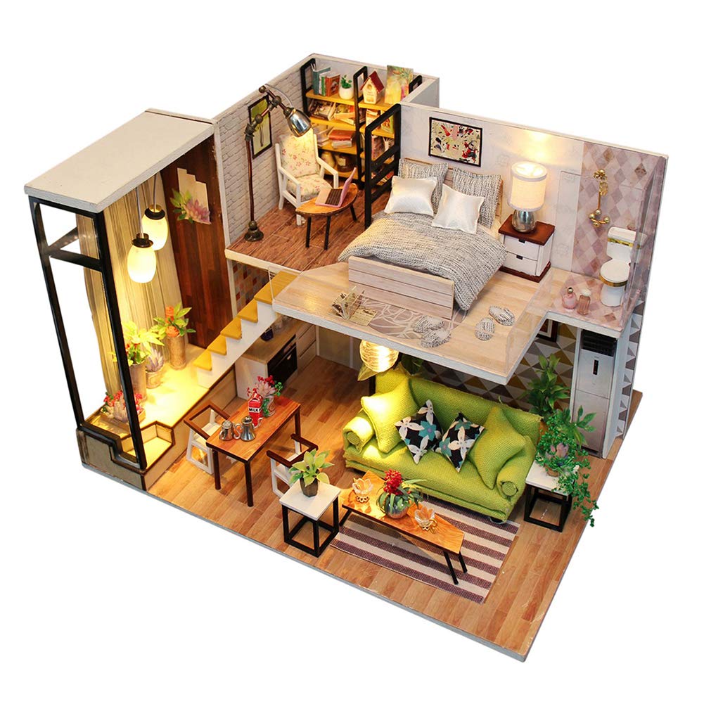 DIY Wooden Dollhouse Miniature Furniture Kit with LED Lights - Creative Assembly Model Toy for Kids & Adults - Perfect for Home Decor, Gift Giving & Miniature Collecting