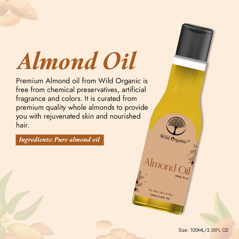 Organic Almond Oil for Hair & Skin - 100% Pure, Cold Pressed, 100ml - Perfect for Hair Growth, Moisturizing & Massage | Ideal for DIY Beauty & Aromatherapy