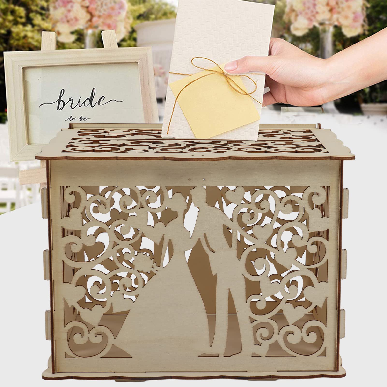 Jeanoko DIY Hollow Wooden Wedding Card Box with Lock - Money Gift Holder for Wedding Reception, Birthday, Graduation Party Decor - Easy Assembly Wooden Keepsake Box (JM01777 Small) | Perfect for Bridal Showers, Anniversary Gifts & Special Occasions