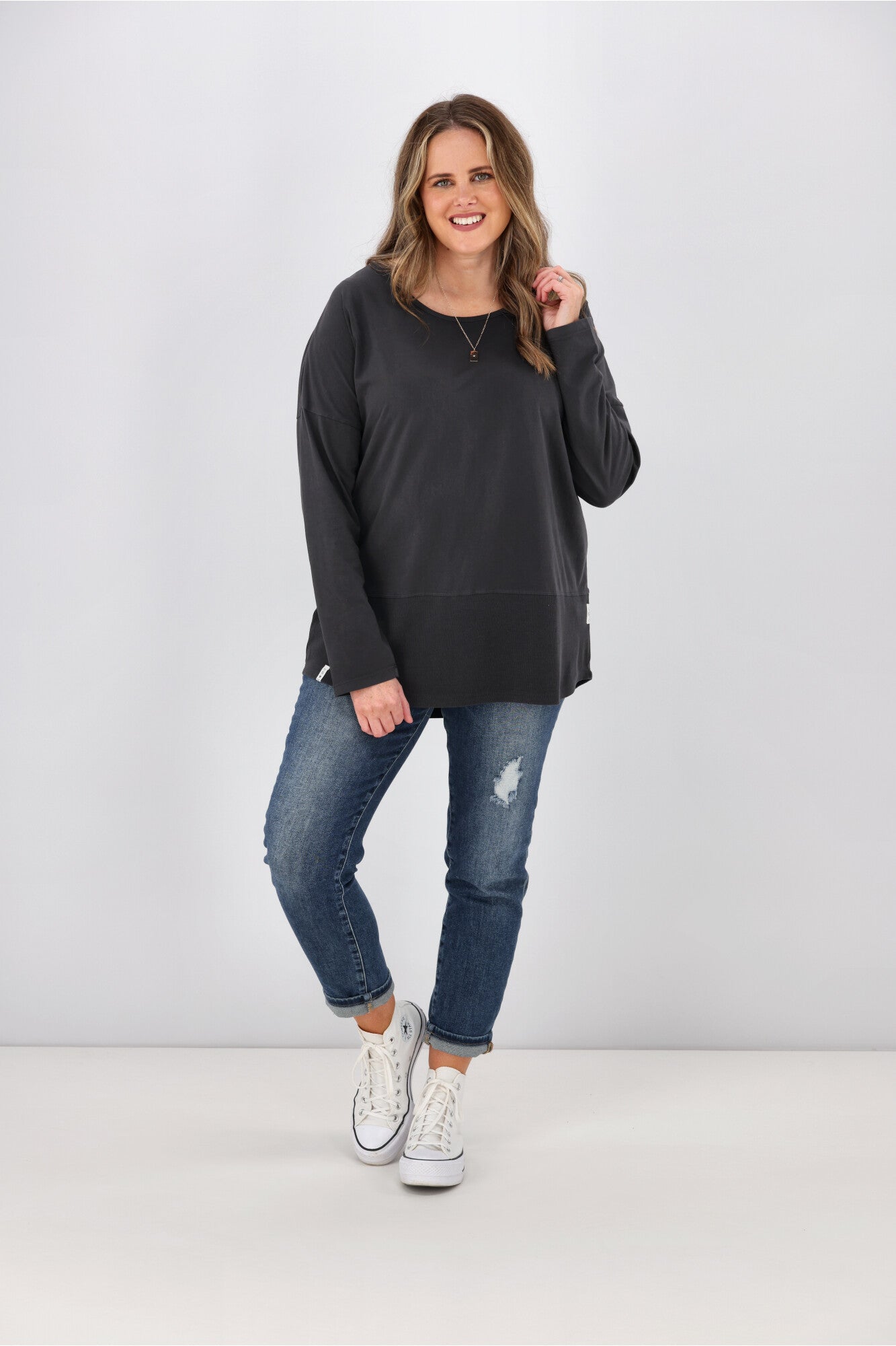 Elm Fundamental Rib Long Sleeve Tee - Washed Black Cotton Shirt for Men & Women | Casual Wear, Layering, Everyday Outfits