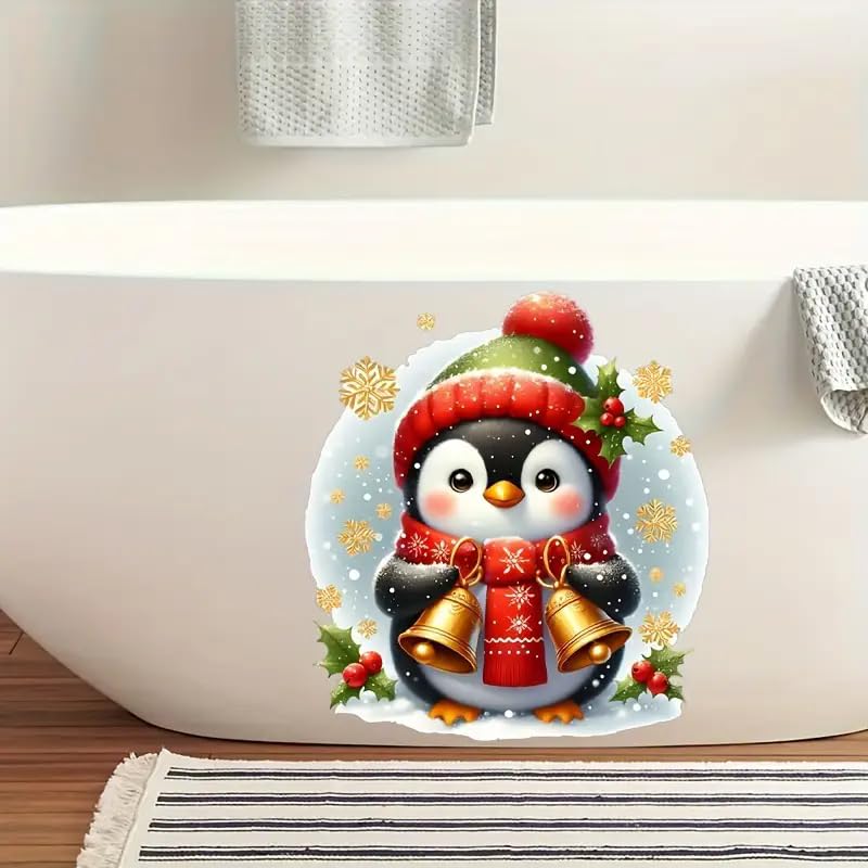 Christmas Penguin Bell Toilet Cover Stickers - Waterproof Self-Adhesive Bathroom Decals for Toilet Lid, Tank & Wall Decor - Fish, Bird, Flower & Leaf Designs - Perfect for Holiday Home Decor & Bathroom Renovation