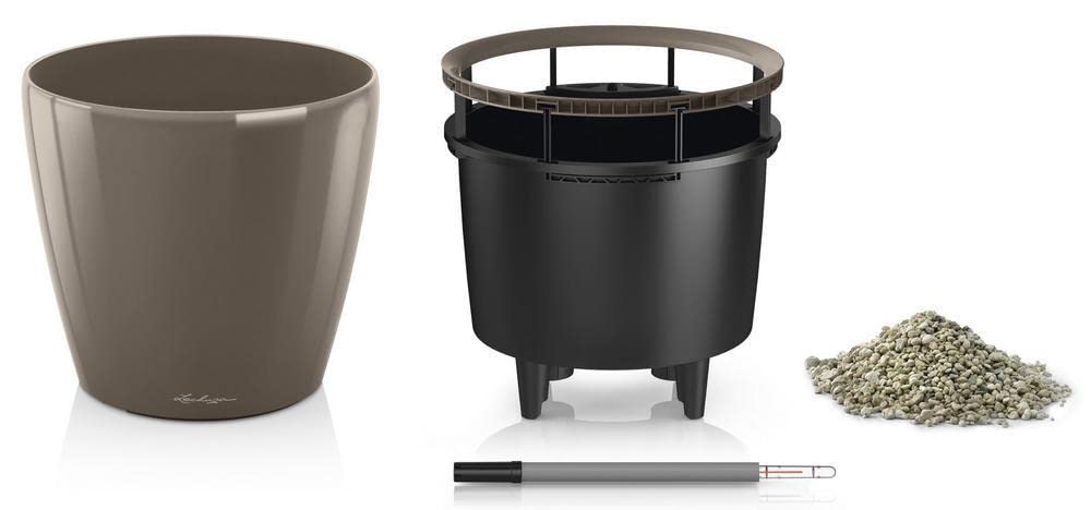 Lechuza Classico Premium LS 43 Taupe High Gloss Self-Watering Planter - Modern Indoor Flower Pot for Home, Office & Garden Decor