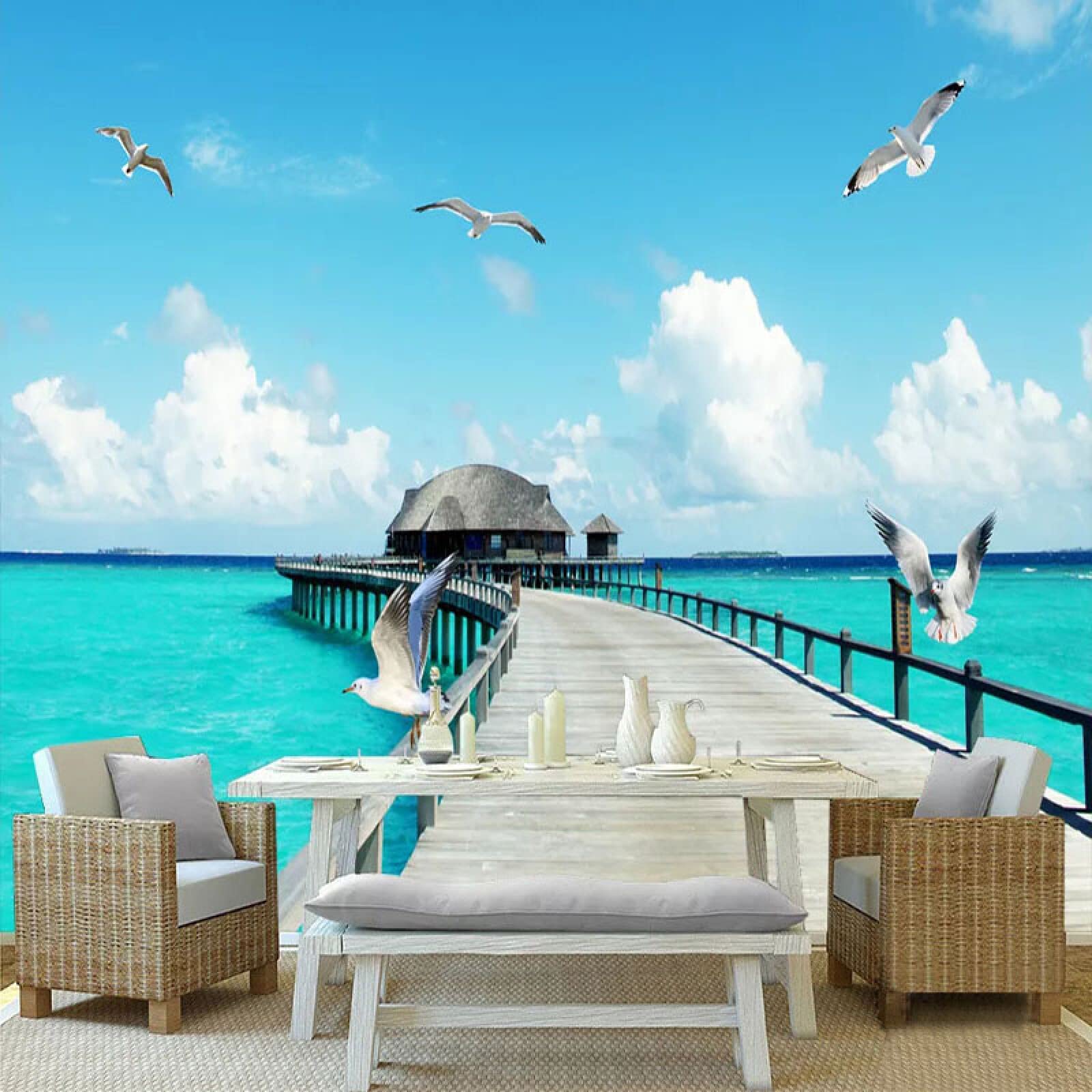 Non-Woven Printed Wallpaper Mural - Holiday Seaside Theme for Dining Room & Living Room | Romantic Home Decor Wallpaper 177x118 Inch | Perfect for Bedroom, Nursery & Home Renovation Projects