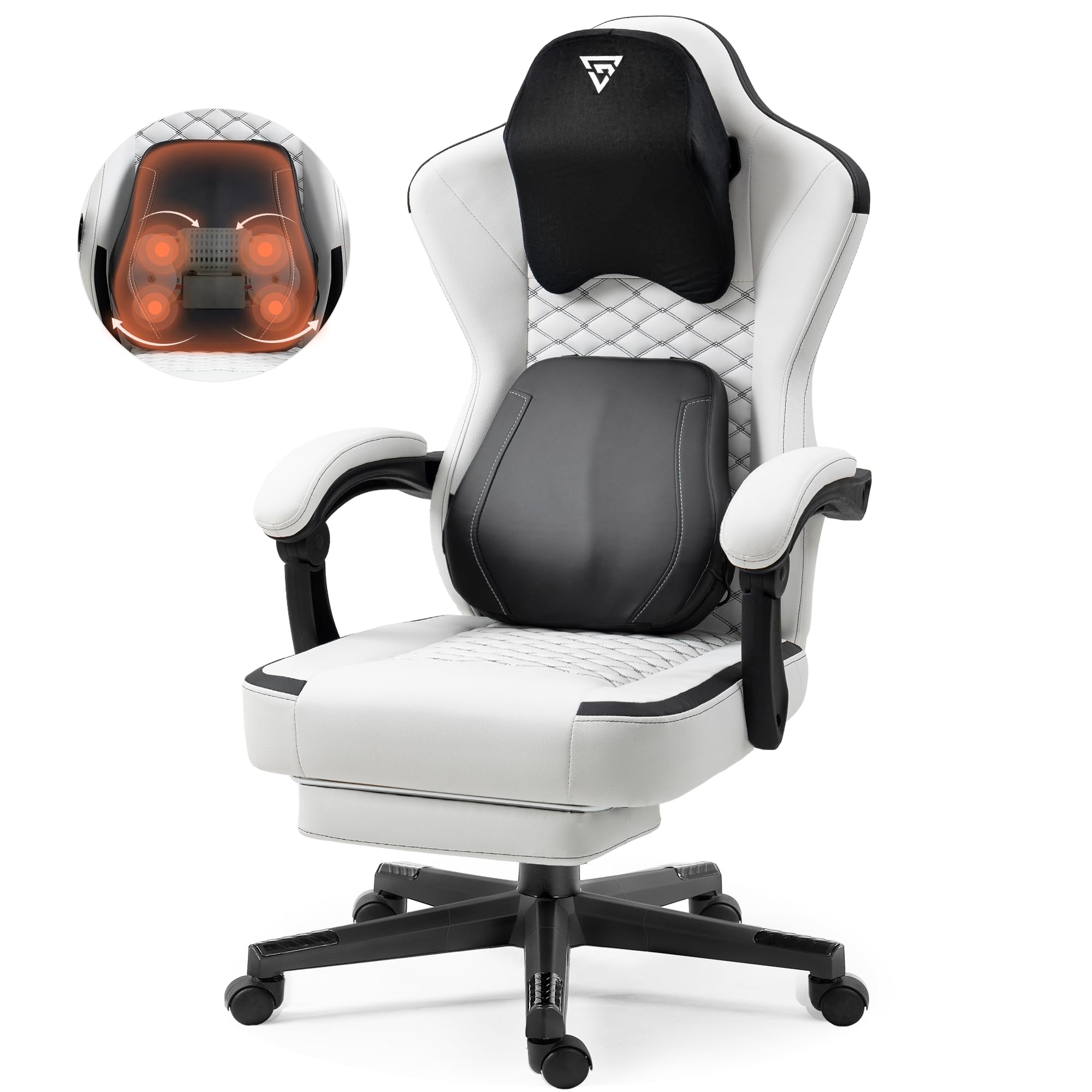 Premium Ergonomic Gaming Chair with Heated Massage & Lumbar Support - Reclining High Back PC Chair with Pocket Spring Cushion & Footrest - 330lbs Weight Capacity (White) - Perfect for Esports, Office Work & Home Gaming Setup