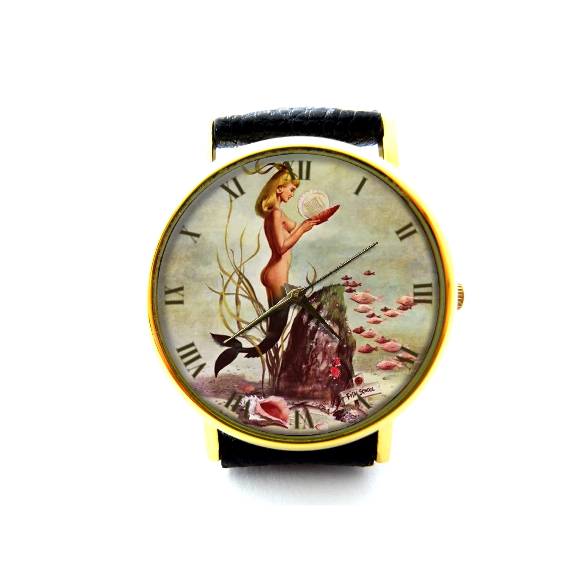 Vintage Mermaid Leather Watch for Women & Men - Retro Unisex Mermaid Jewelry Watch P455 - Perfect for Beach Parties, Gifts & Fashion Accessories