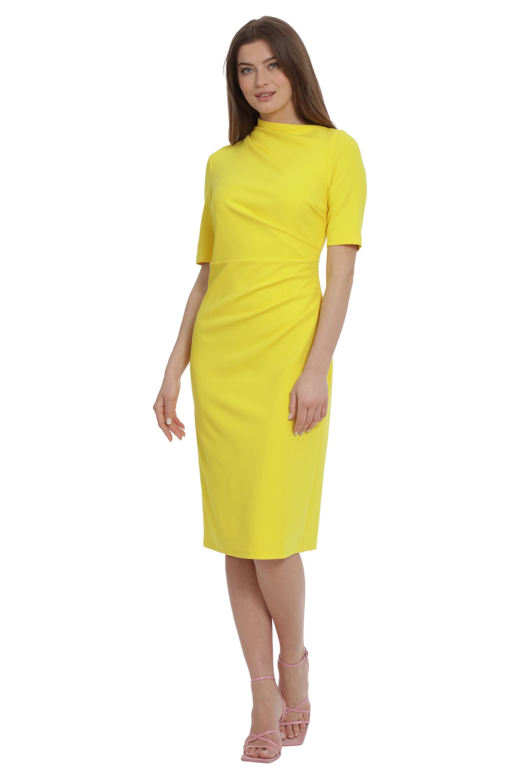 Maggy London Women's Side Pleat Dress - Asymmetric Neck & Elbow Sleeves Flowy Midi Dress for Work, Cocktail Parties & Special Occasions