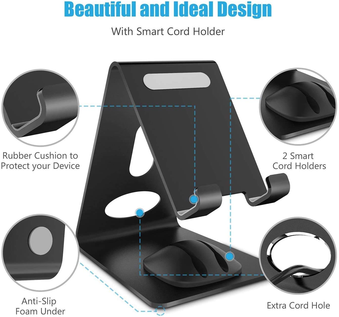 Premium WixGear Phone Stand - Universal Metal Phone Holder for iPhone, Android & Mini Tablets - Sturdy Desk Stand with Cord Management - Perfect for Work, Home Office & Video Calls