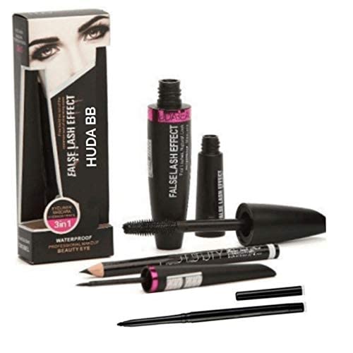 HUDA BB® Waterproof Eyeliner, Mascara & Eyebrow Pencil with Kajal - 4-Piece Black Makeup Set for Long-Lasting Eye Looks | Perfect for Daily Wear, Parties & Special Occasions