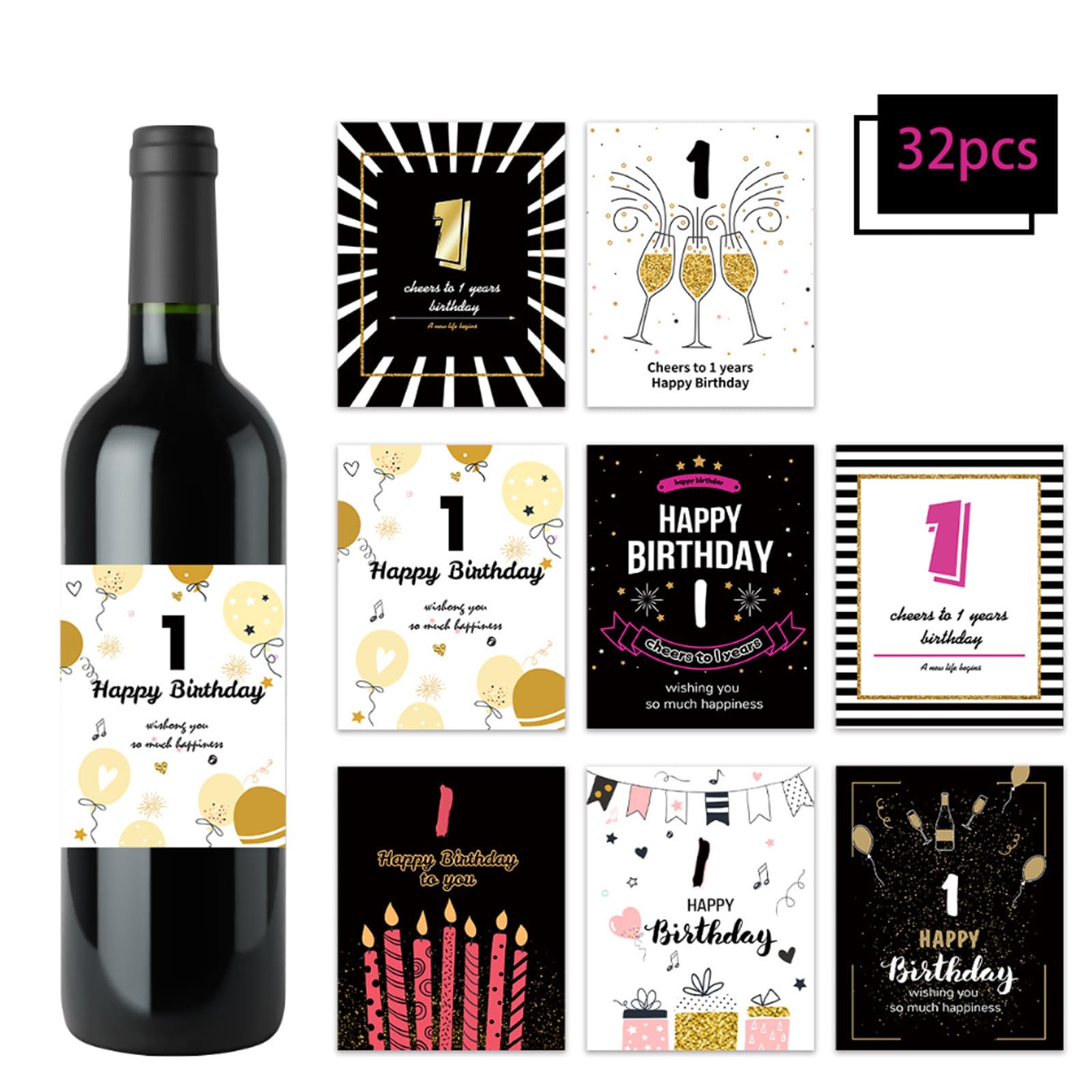24-Piece Happy Birthday Wine Bottle Label Stickers - Fun Party Decorations for 1st Birthday, Anniversary & Celebrations - Perfect for Wine Bottles, Gifts & Party Decor