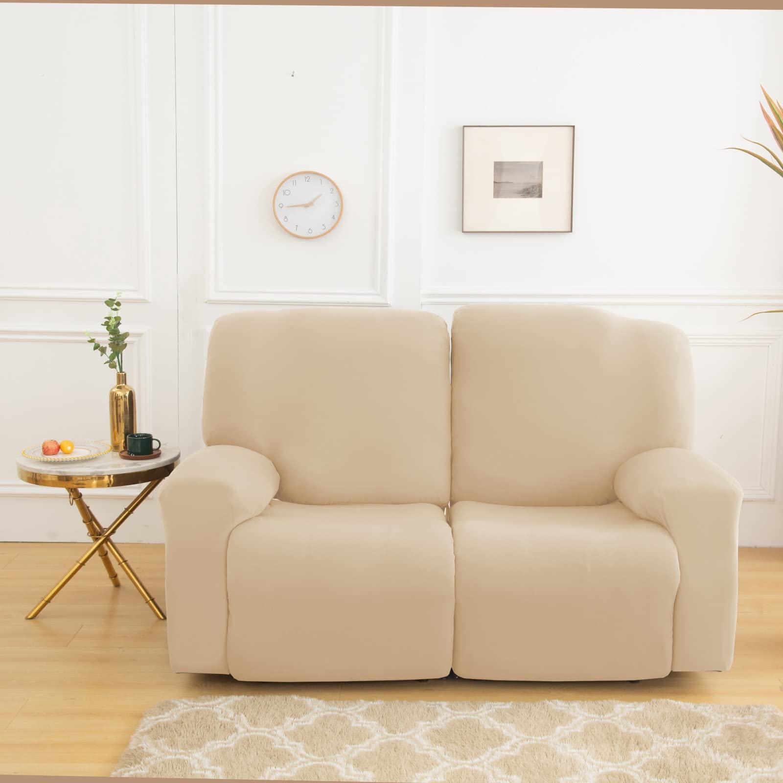 Stretch Milk Silk Loveseat Recliner Cover - 2 Seat Sofa Slipcover for Double Recliner, Furniture Protector (Beige) | Perfect for Living Room, Home Theater & Family Room Decor