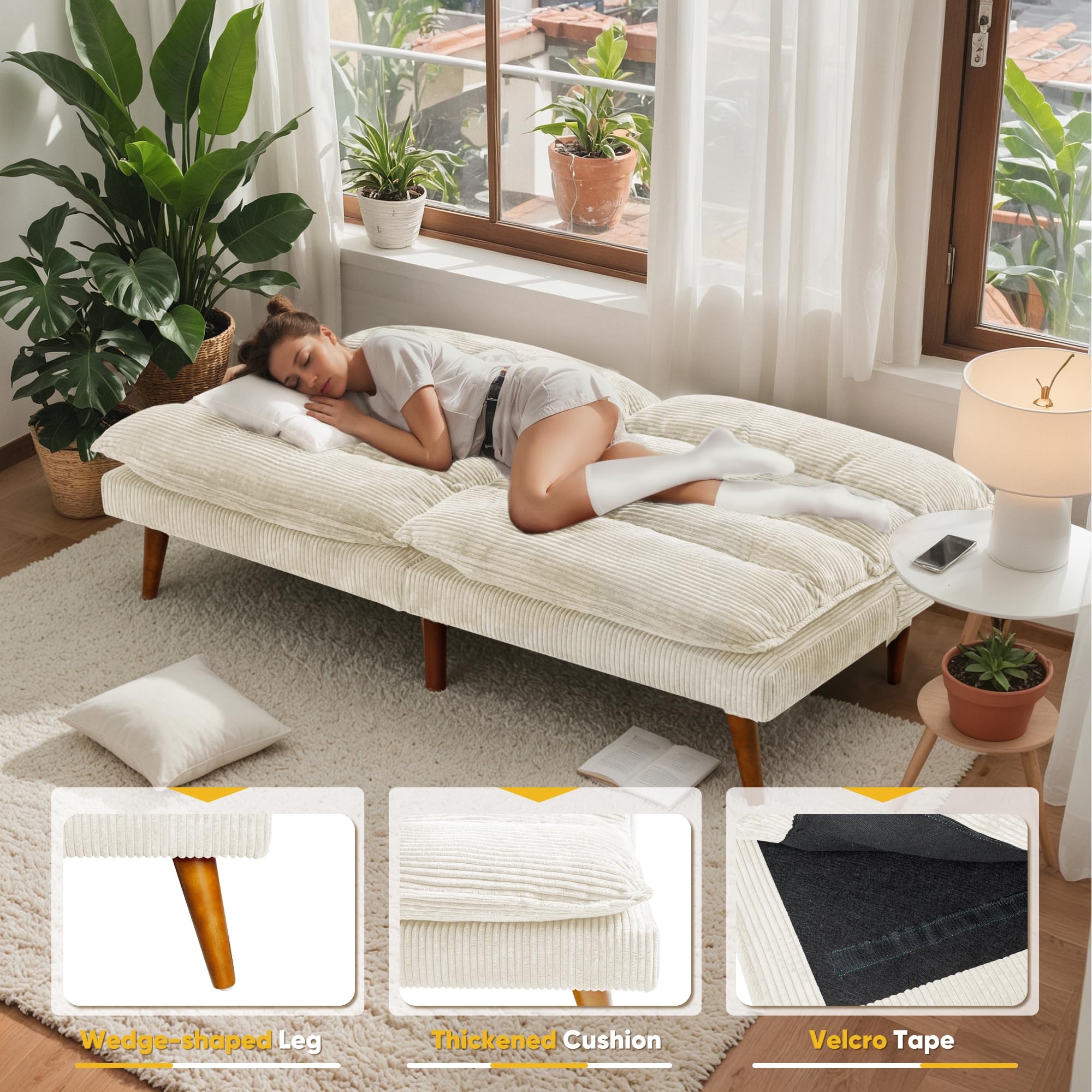 Flamaker Convertible Futon Sofa Bed - Adjustable Back Upholstered Sleeper Couch for Living Room, Guest Room & Small Spaces - Corduroy Fabric in Beige - Perfect for Apartments, Dorms & Home Offices