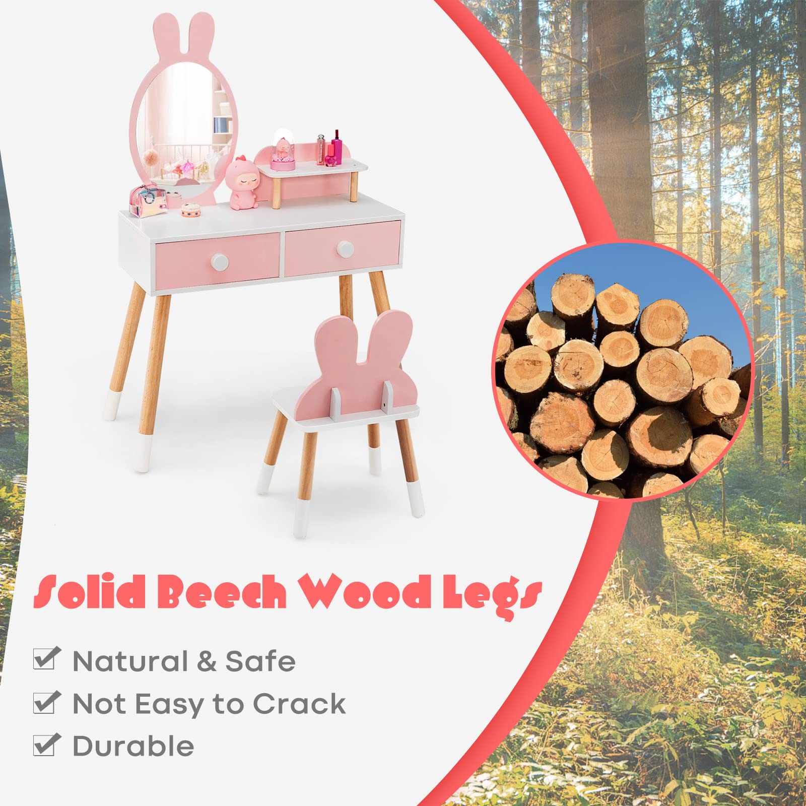 HONEY JOY Kids Vanity Set - Rabbit Themed Wooden Makeup Table & Chair with 2 Large Drawers, Beech Wood Legs, Princess Dressing Beauty Table for Girls - Pink Vanity with Mirror & Stool | Perfect for Bedroom Decor, Birthday Gifts & Pretend Play