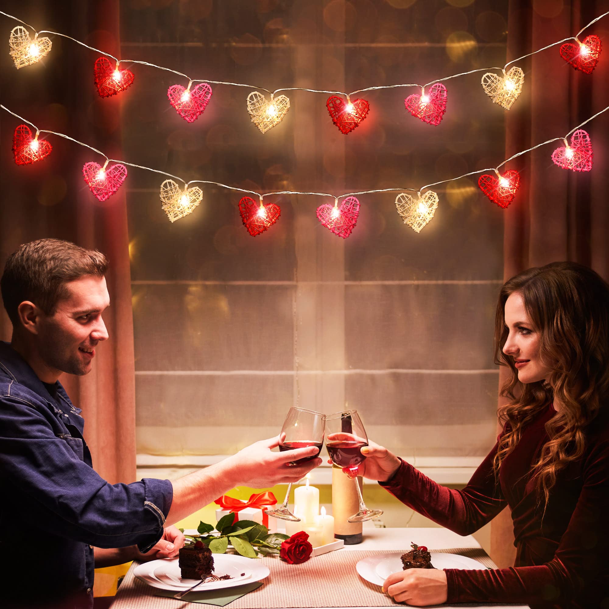 Hiboom Valentine's Day Heart String Lights - 16ft 24 LED Battery Operated Rattan Heart Lights for Wedding, Party, Home Decor (Red, Pink, White) | Romantic Indoor Outdoor Lighting for Bedroom, Garden, Anniversary Celebration