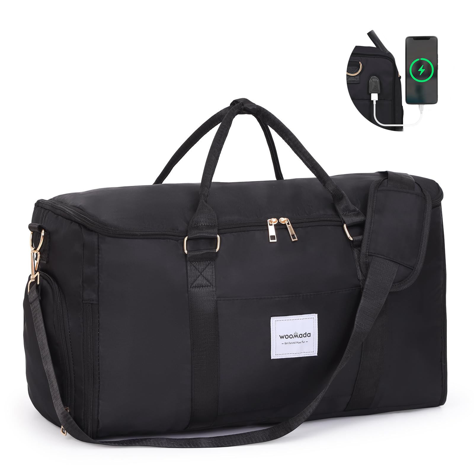 WOOMADA Convertible Travel Garment Duffle Bag with Shoe Compartment & Hanging Dress Section - Women's Carry-On Luggage for Business Trips, Vacations & Weekend Getaways (Black)