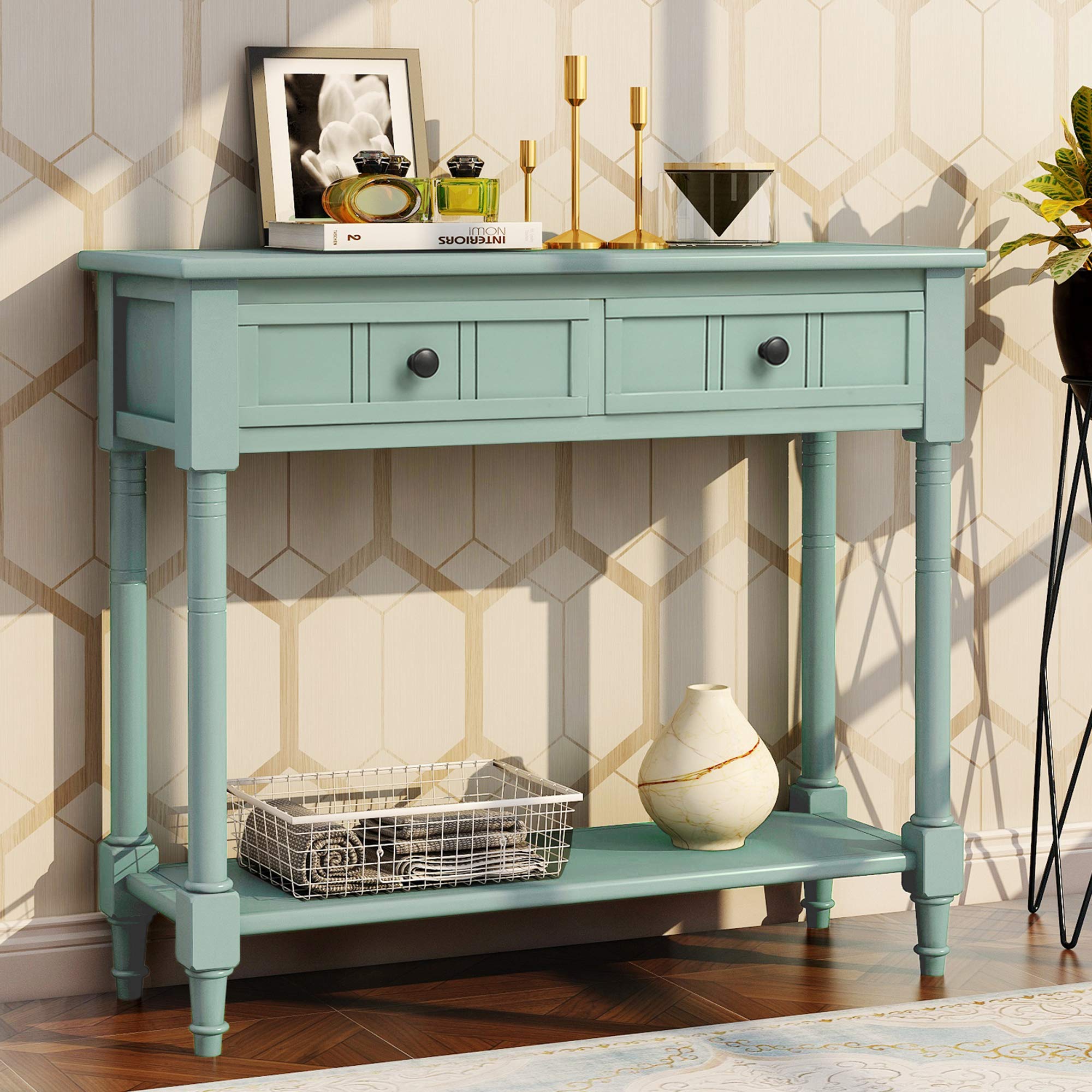 P PURLOVE Retro Blue Wooden Sofa Table with 2 Storage Drawers - Entryway Console Table for Living Room, Hallway & Bedroom - Sturdy Wooden Side Table with Bottom Shelf for Home Decor