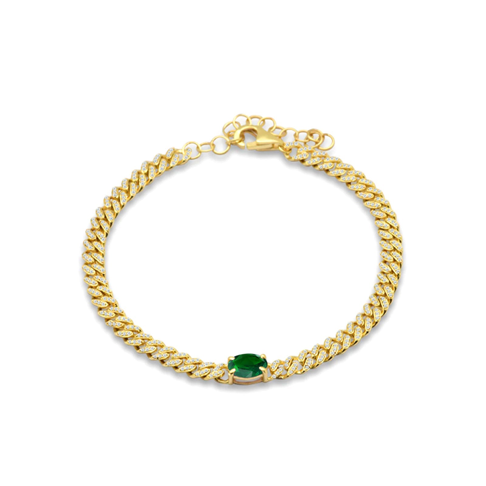 14K Yellow Gold Oval Green Emerald & Natural Diamond Cuban Link Bracelet for Women - Elegant Jewelry Gift for Birthday, Anniversary & Special Occasions