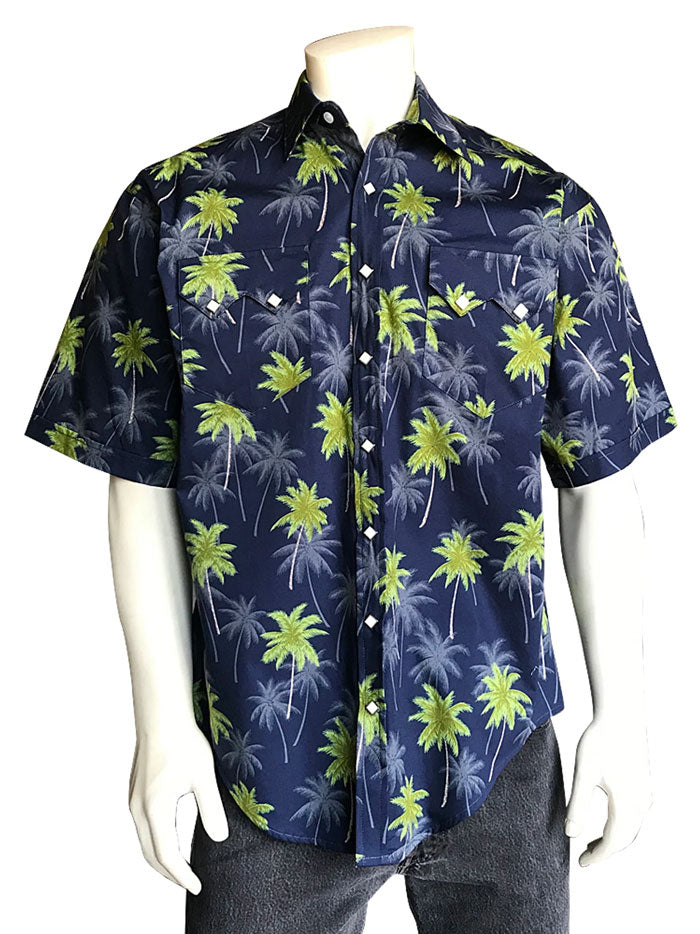 Rockmount 1642 Men's Hawaiian Shirt - Short Sleeve Western Style with Palm Tree Print in Navy Blue | Perfect for Beach Vacations, Summer Parties & Casual Wear