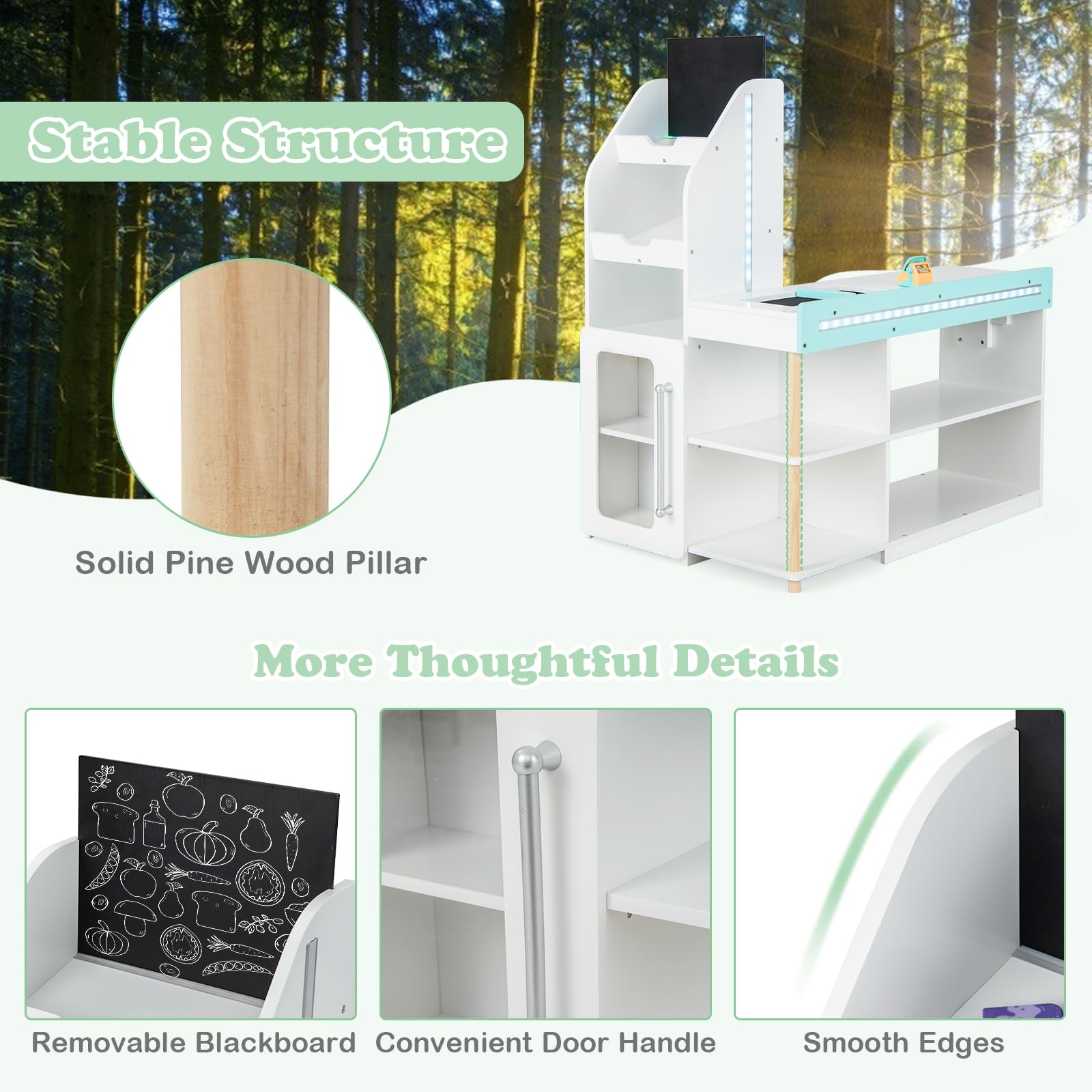 HONEY JOY Kids Wooden Grocery Store Playset with Cash Register & Working Conveyor Belt - Pretend Play Supermarket Toy with Checkout Counter, Lights & Food Accessories - Educational Role Play for Toddler Boys & Girls (White) - Perfect for Home, Classroom & Daycare Pretend Play Activities