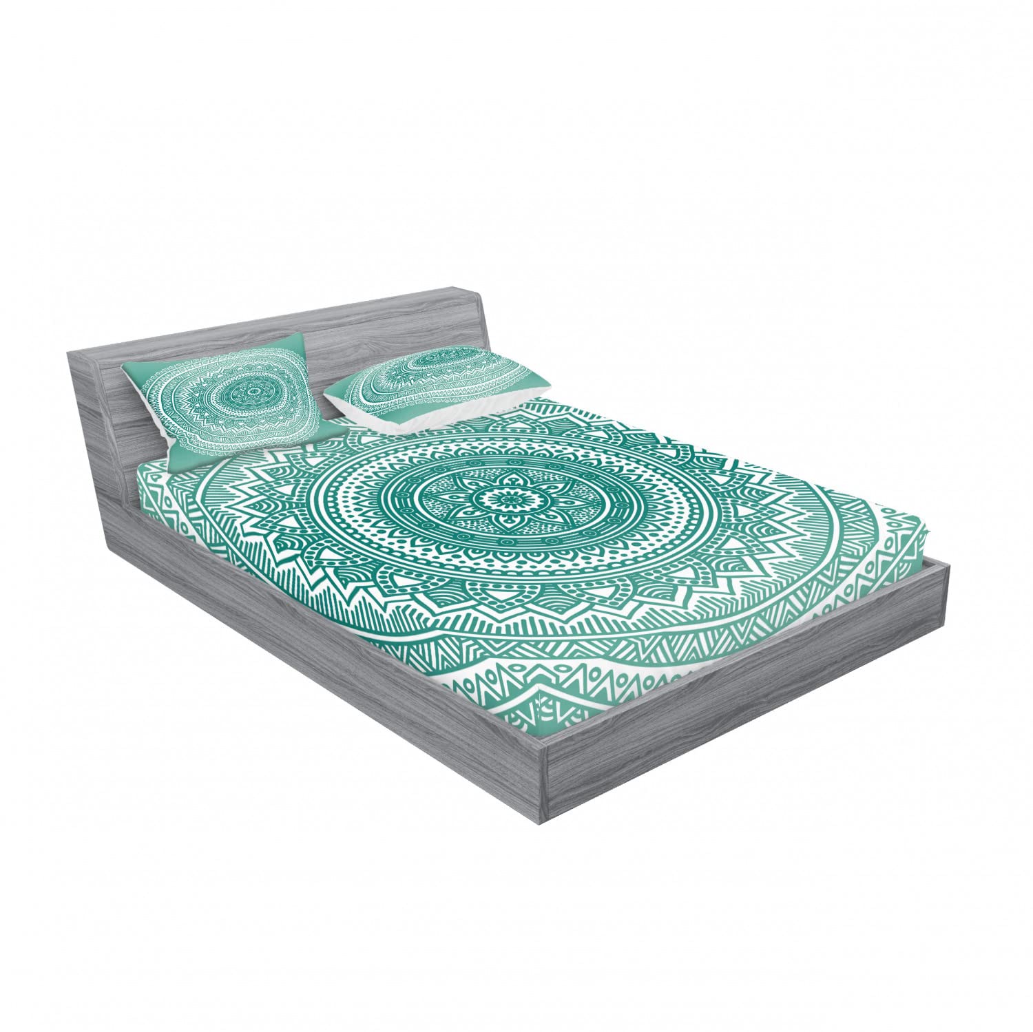 Ambesonne 6-Piece Boho Mandala Floral Printed Bedding Set - Full Size Teal Ombre Fitted Sheet & Pillow Shams with Decorative Dots, Stripes and Petal Patterns | Perfect for Bohemian Bedroom Decor, Guest Room Styling and Cozy Home Makeovers