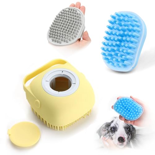ELEGX Pet Grooming Bath Massage Brush with Soap Dispenser - Soft Silicone Bristles for Dogs & Cats - Gentle Cleaning for Long & Short Hair - Perfect for Bath Time & SPA Days (2 Brushes + Yellow)