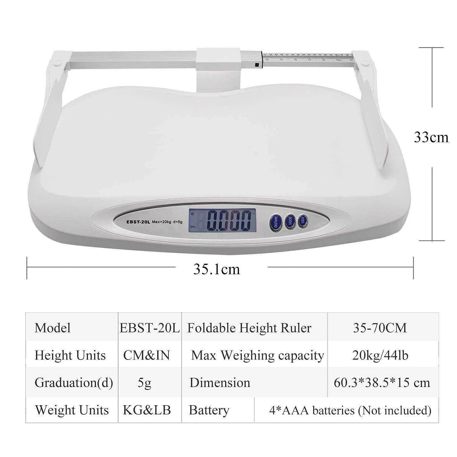 **Digital Kitchen Scale & Baby Weighing Scale - 20KG/44LB Capacity with Foldable 35-70CM Height Ruler - Perfect for Cooking, Baking, Infant Growth Tracking & Pet Weight Monitoring**