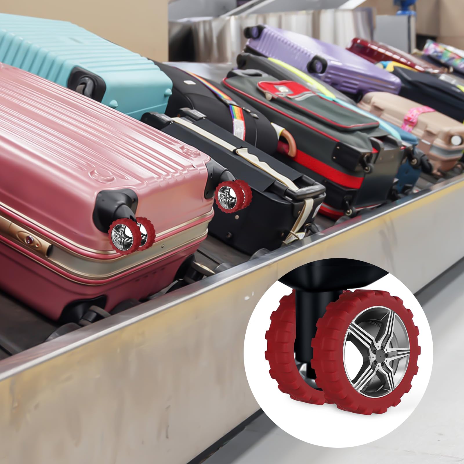 8pcs Silicone Luggage Wheel Covers - Universal Spinner Suitcase Caster Protectors, Noise Reduction & Anti-Wear Travel Accessories for Most 8-Wheel Luggages (Dark Red) - Perfect for Airports, Hotels & Smooth Rolling on Various Surfaces