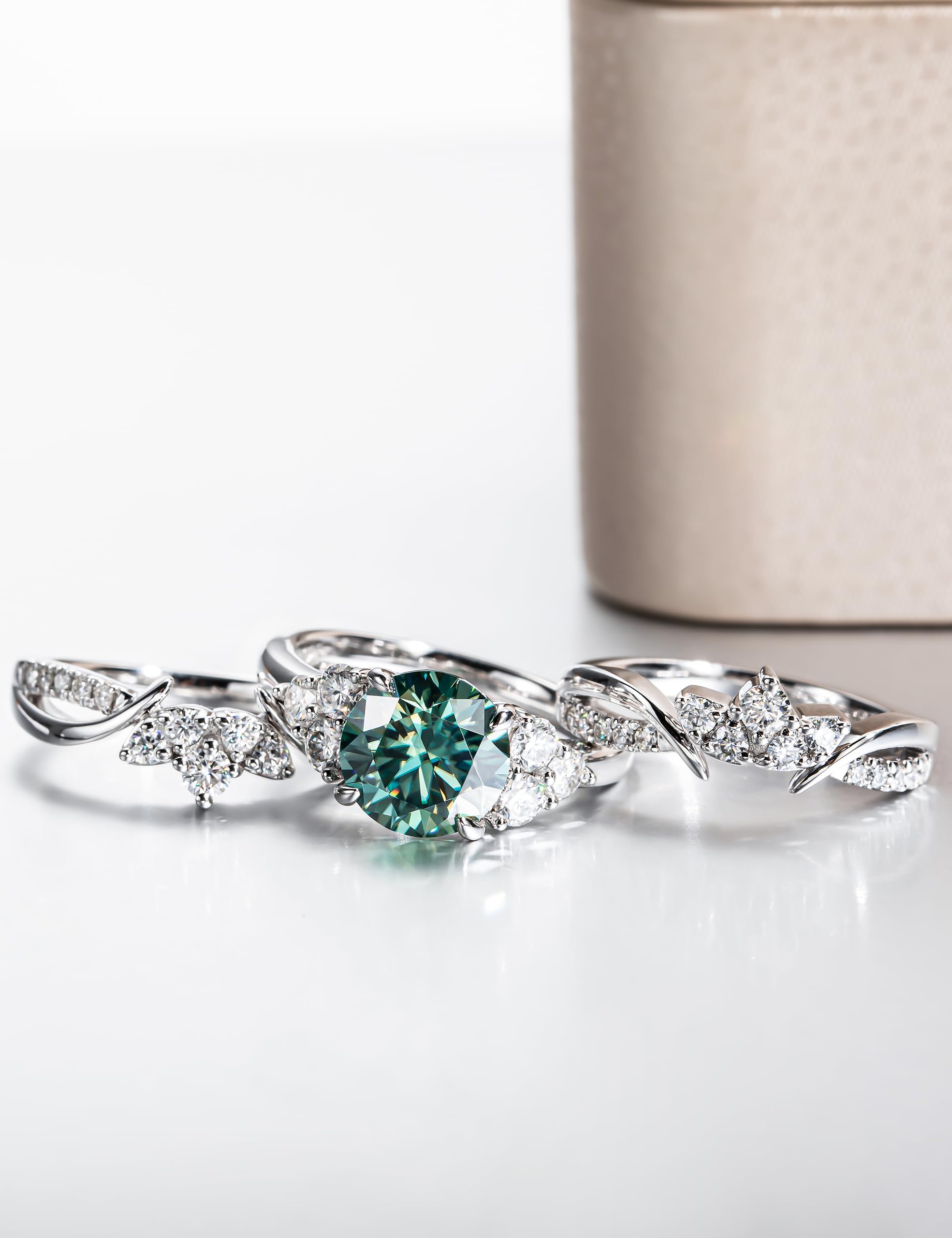 Vivid Blue Green Moissanite Wedding Ring Set for Women - 4.2cttw Engagement & Anniversary Band - Platinum Plated Sterling Silver Wrap Enhancer - Size 7 - Perfect for Bridal, Proposal & Special Occasions