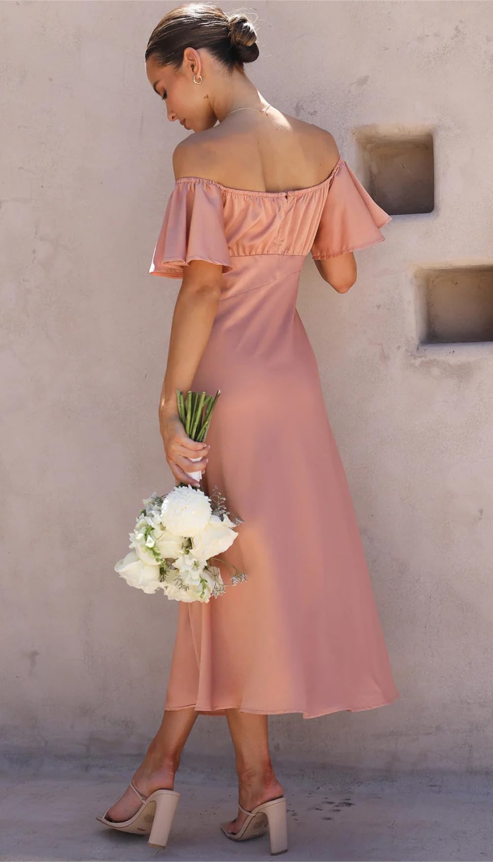 2025 Summer Women's Satin Off Shoulder Formal Dress - Elegant Butterfly Sleeve Wedding Guest & Cocktail Party Midi Dress with Side Split | Perfect for Prom, Evening Gala, Bridesmaid & Special Occasions