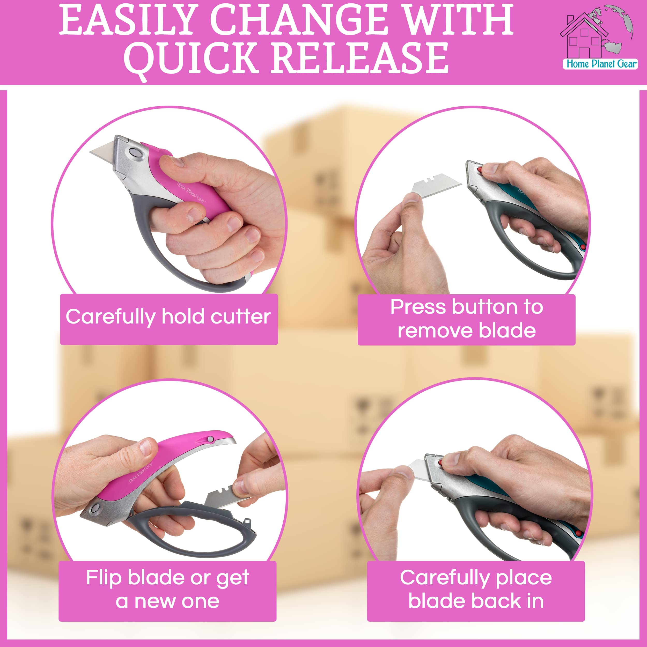 Heavy Duty Retractable Utility Knife - Pink Box Cutter with 5 Sharp Blades for Cardboard Cutting, Package Opening, Warehouse & Office Use