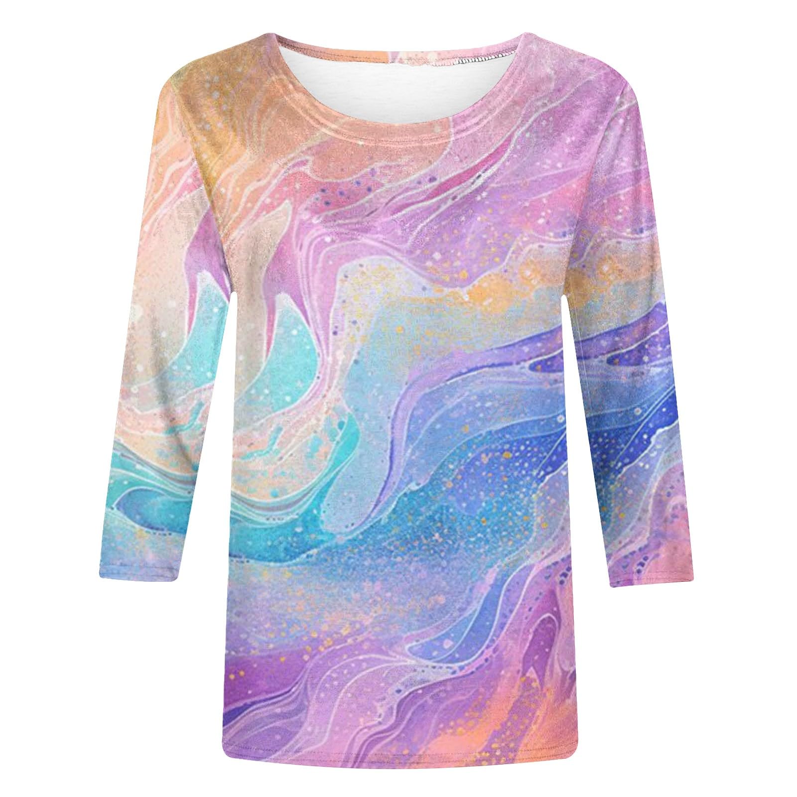 2024 Canada Women's 3/4 Sleeve Round Neck Loose Casual Tie Dye Print T-Shirts | Prime Day Deals | Pink Blouse for Work, Travel & Everyday Wear