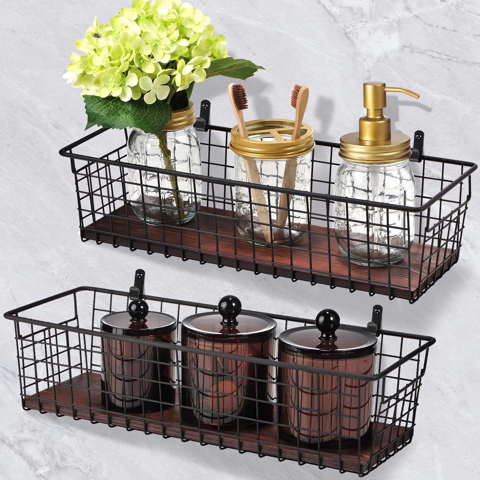 4-Piece Extra Large Metal Farmhouse Wall Decor Storage Organizer Set with Handles & Floating Shelves - Wall Mount Hooks Included (Black) - Perfect for Entryway, Bathroom, Kitchen Organization & Rustic Home Decor