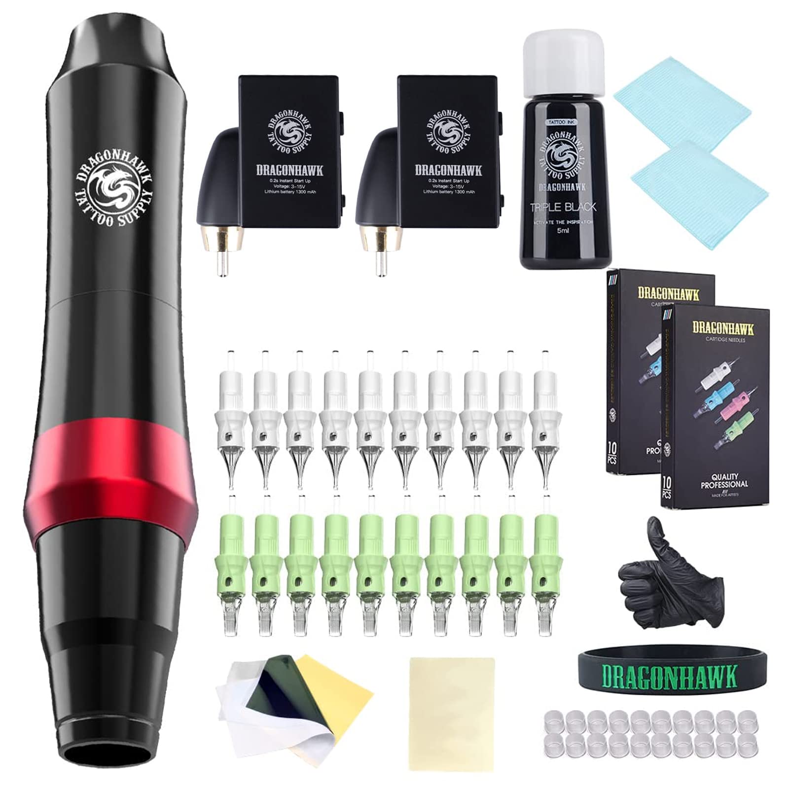Dragonhawk S4 Wireless Tattoo Pen Machine Kit with 2 Rechargeable Batteries & 20 Needle Cartridges - Professional Tattoo Equipment for Artists & Beginners - Perfect for Studio, Home & Travel Tattooing