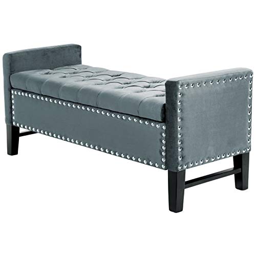 Brika Home Velvet Tufted Storage Bench - Slate Blue Upholstered Ottoman with Tufted Seat & Hidden Storage | Perfect for Entryway, Bedroom or Living Room Organization