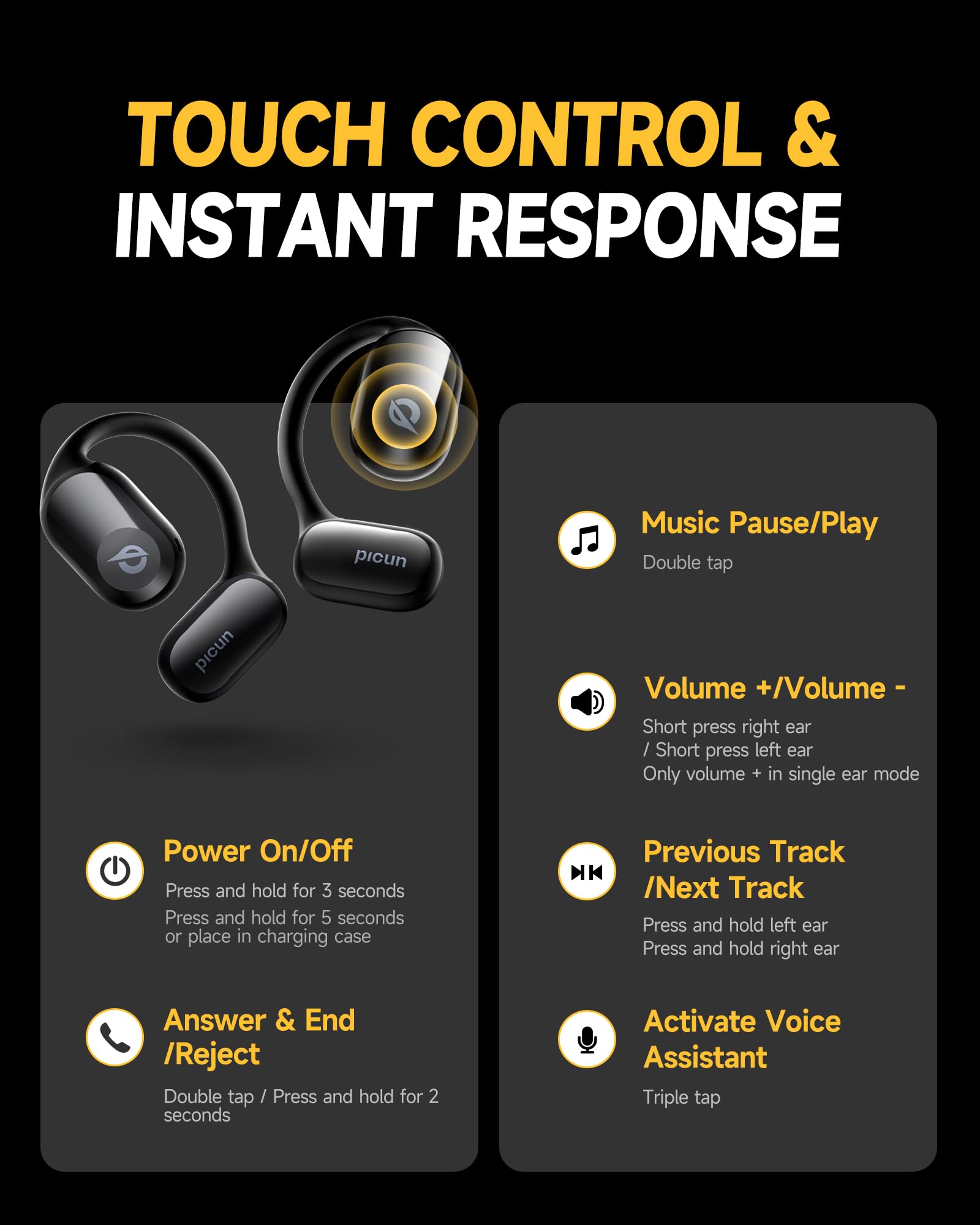 Picun True Wireless Open Ear Headphones - 5.4 Bluetooth Sport Earbuds with 80H Playtime, Ultra Comfort Secure Fit, IPX5 Waterproof Sweatproof, Dual Mic Clear Call - Perfect for Running, Workout, Gym, Cycling & Outdoor Activities